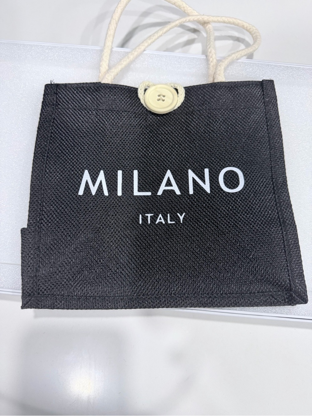 Milano Black Men’s Tote with White Logo and Cream Rope Handles
